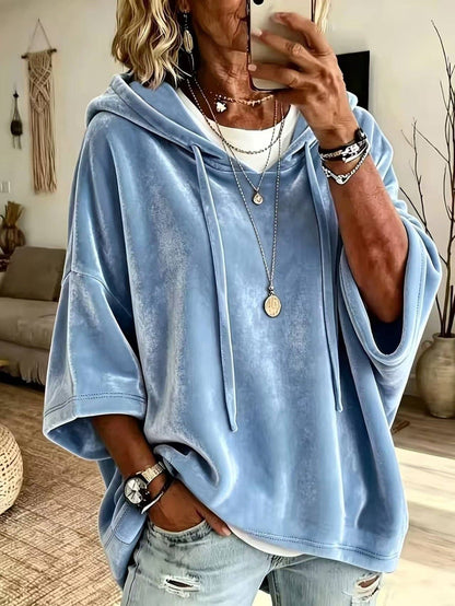 Velvet Hooded Poncho Top Oversized 3/4 Sleeve