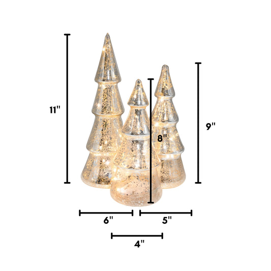Silver Mercury Glass Lighted Trees with Timer - 3 Sizes