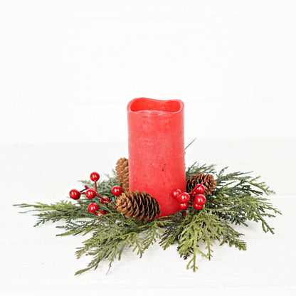 Superior Real Touch Mixed Cedar and Pinecones with Red Berries Mini Wreath Candle Ring
