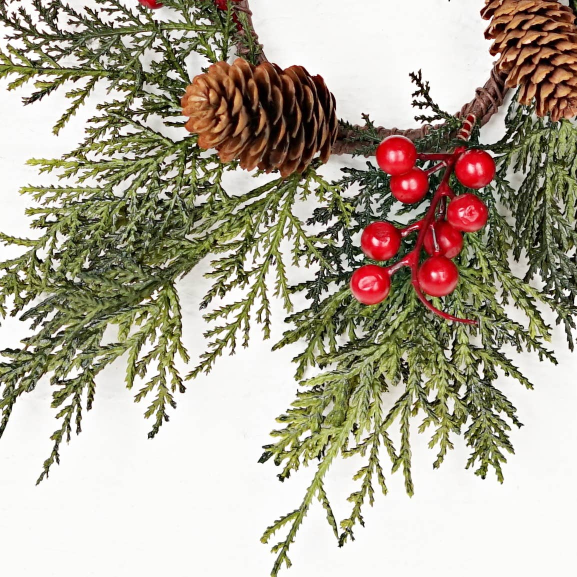 Superior Real Touch Mixed Cedar and Pinecones with Red Berries Mini Wreath Candle Ring
