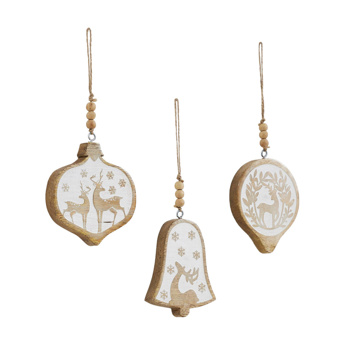 White Washed Winter Forest Deer Wooden Christmas Ornament - 3 Designs