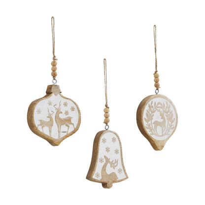 White Washed Winter Forest Deer Wooden Christmas Ornament - 3 Designs