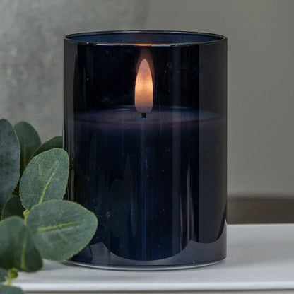 Glass 3D Flameless Pillar Candle - Navy Blue - Size Options