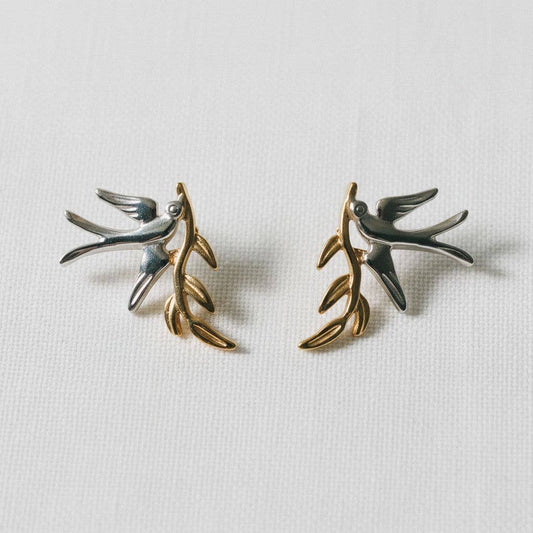 Charming Swallow and Leaf Earrings with Dual Tone Design - Bird Theme