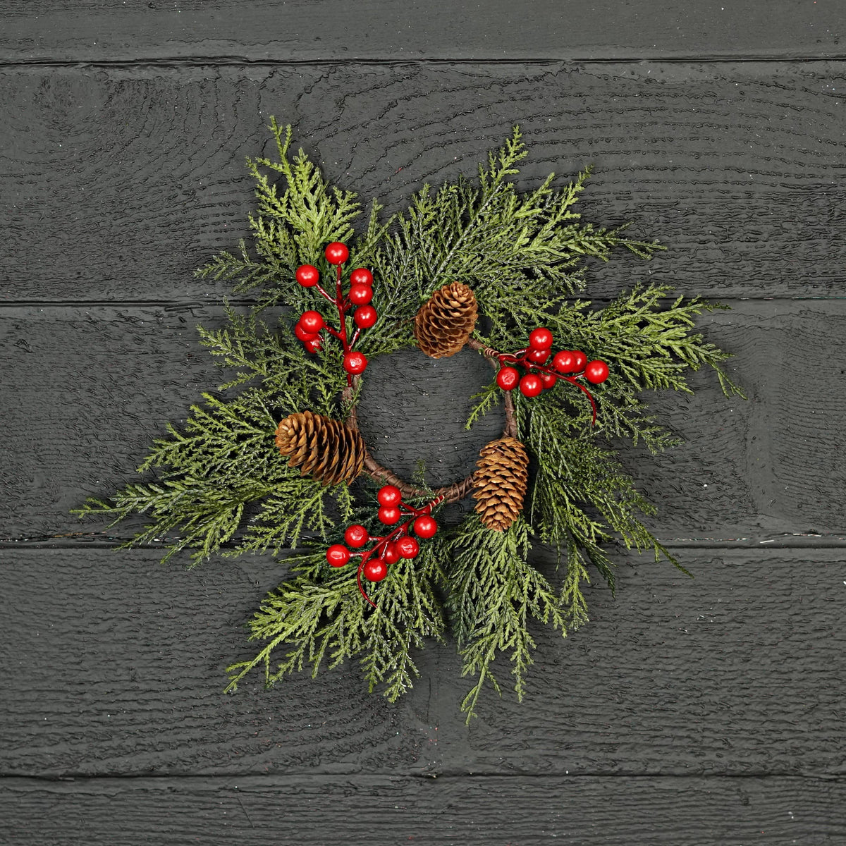 Superior Real Touch Mixed Cedar and Pinecones with Red Berries Mini Wreath Candle Ring