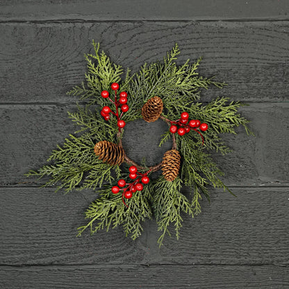 Superior Real Touch Mixed Cedar and Pinecones with Red Berries Mini Wreath Candle Ring