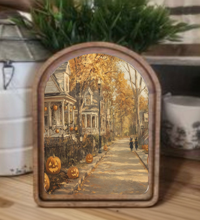 Arch Top Halloween Street Framed Art