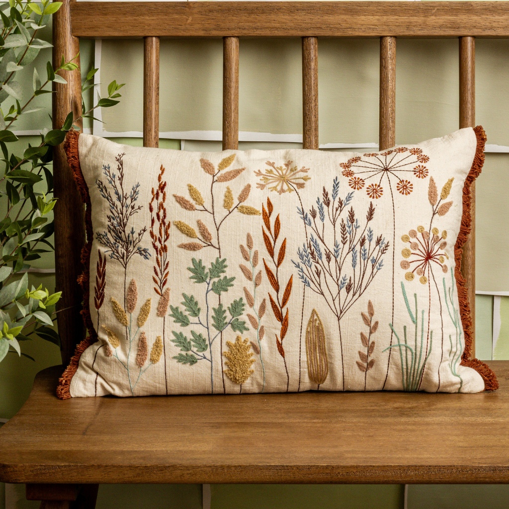 Embroidered Meadow Flowers Lumbar Pillow