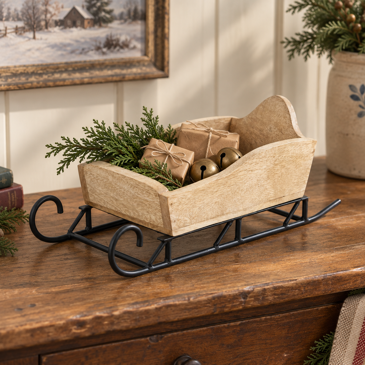 Natural Wood Christmas Sleigh Tabletop Decor