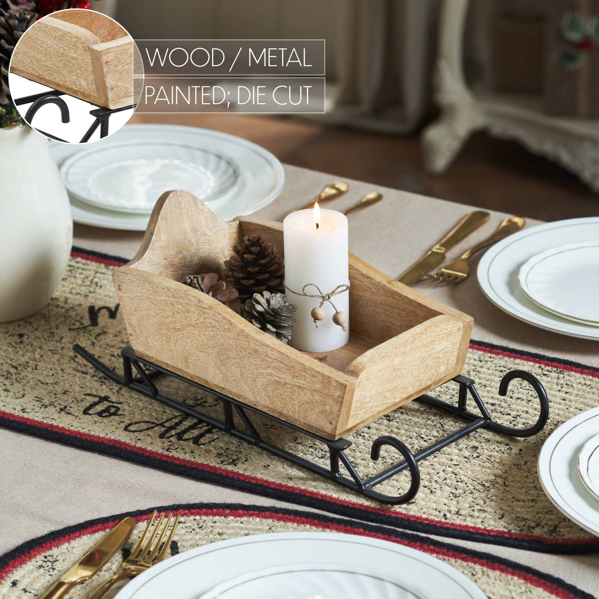 Natural Wood Christmas Sleigh Tabletop Decor