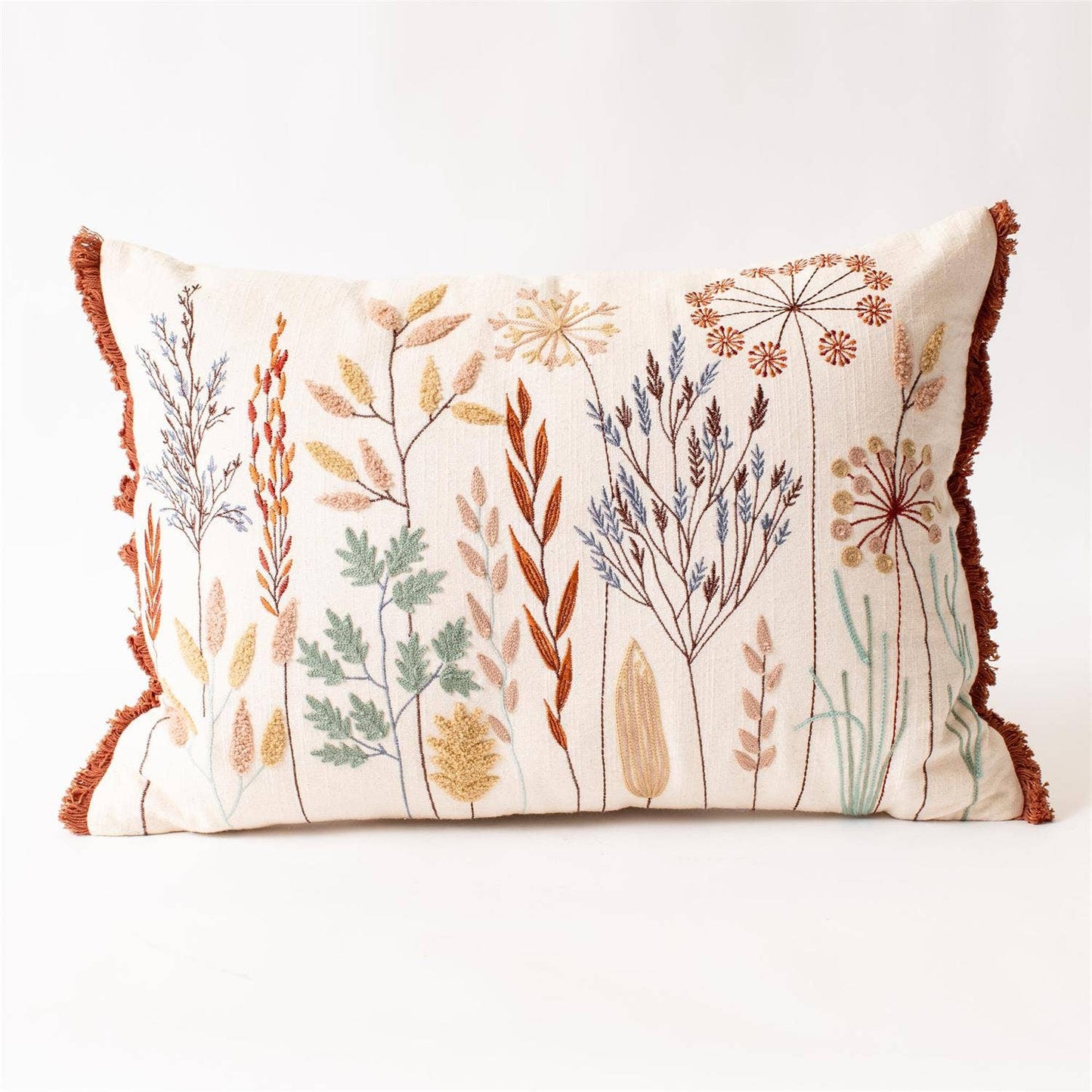 Embroidered Meadow Flowers Lumbar Pillow