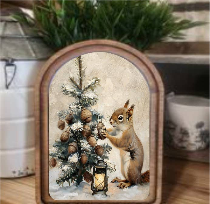 Christmas Squirrel Framed Art - Arch Top