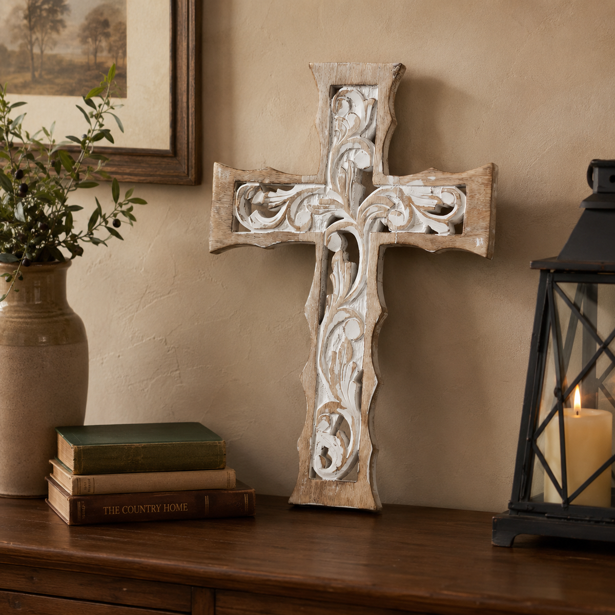 Distressed White Carved Wooden Cross Wall Decor 18" X 12"