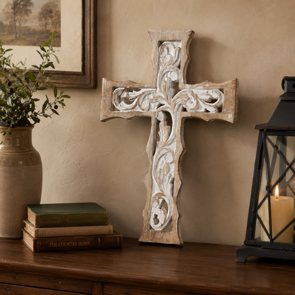 Distressed White Carved Wooden Cross Wall Decor 18" X 12"