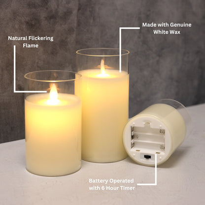 Glass LED Pillar Candles with Timer - Battery Operated 3 Sizes
