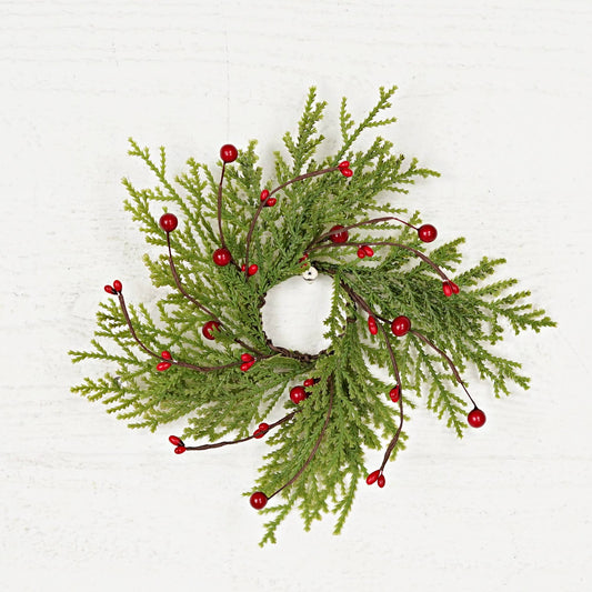 Evergreen Soft Touch Cedar with Mixed Red Berries Taper Candle Ring