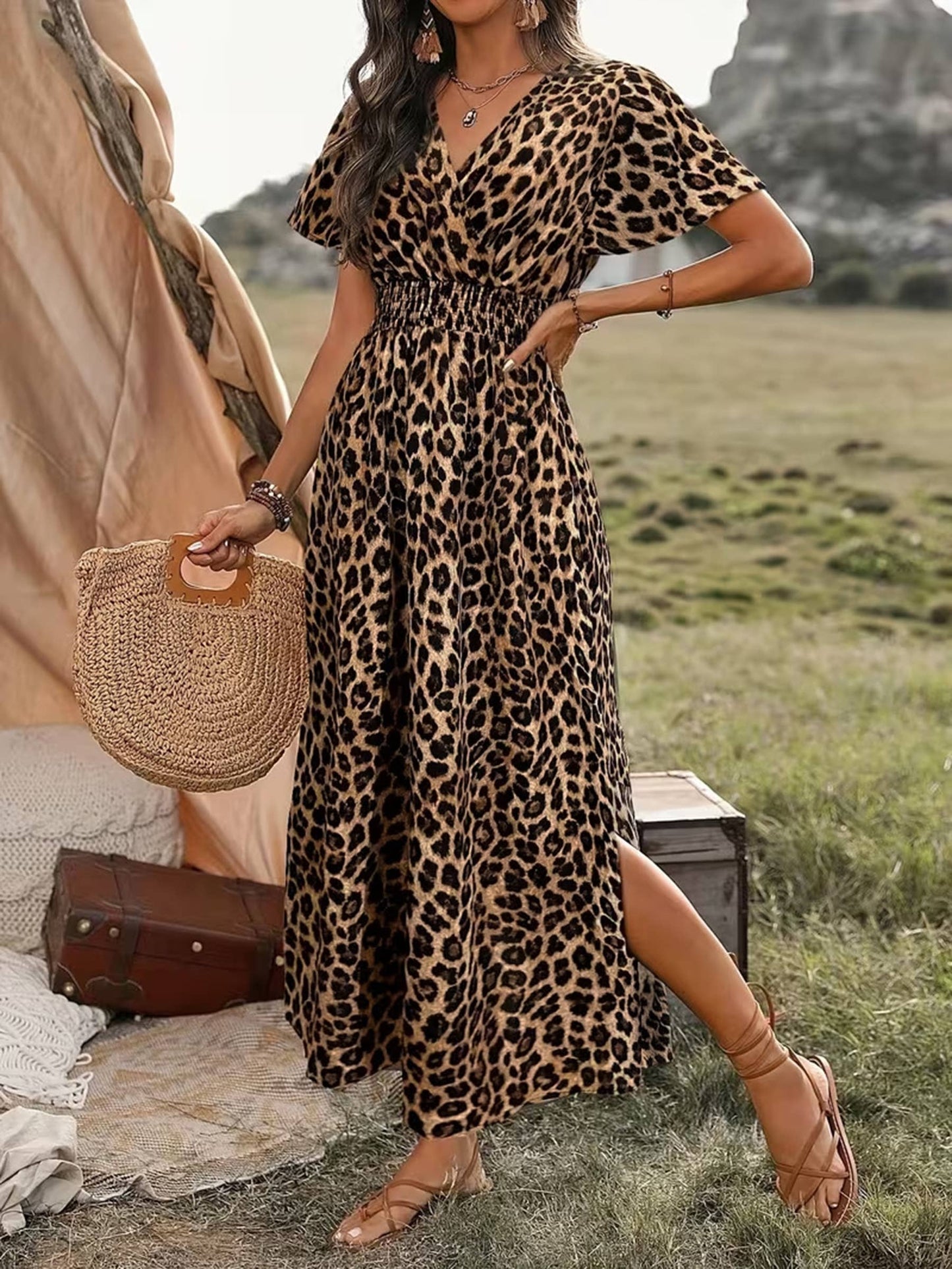 V-Neck Maxi Casual Short Sleeve Dress - Color Options