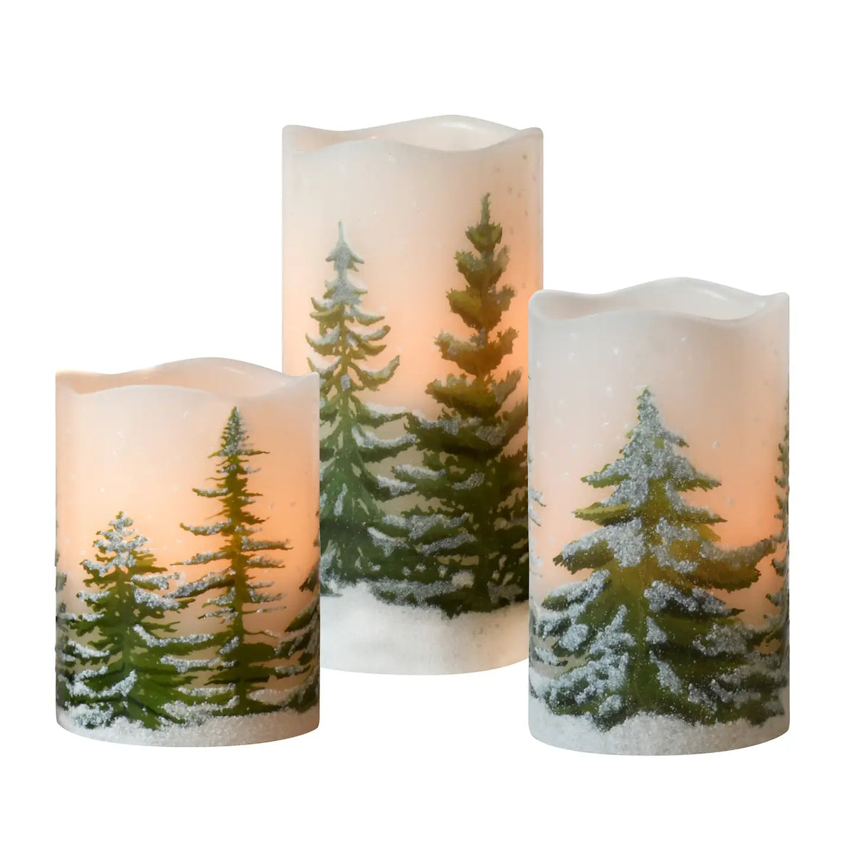 Snowy Pine Tree LED Flameless Pillar Candle - 3 Sizes