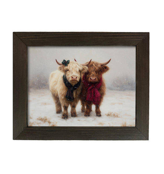 Snowy Highland Cow Couple Framed Art