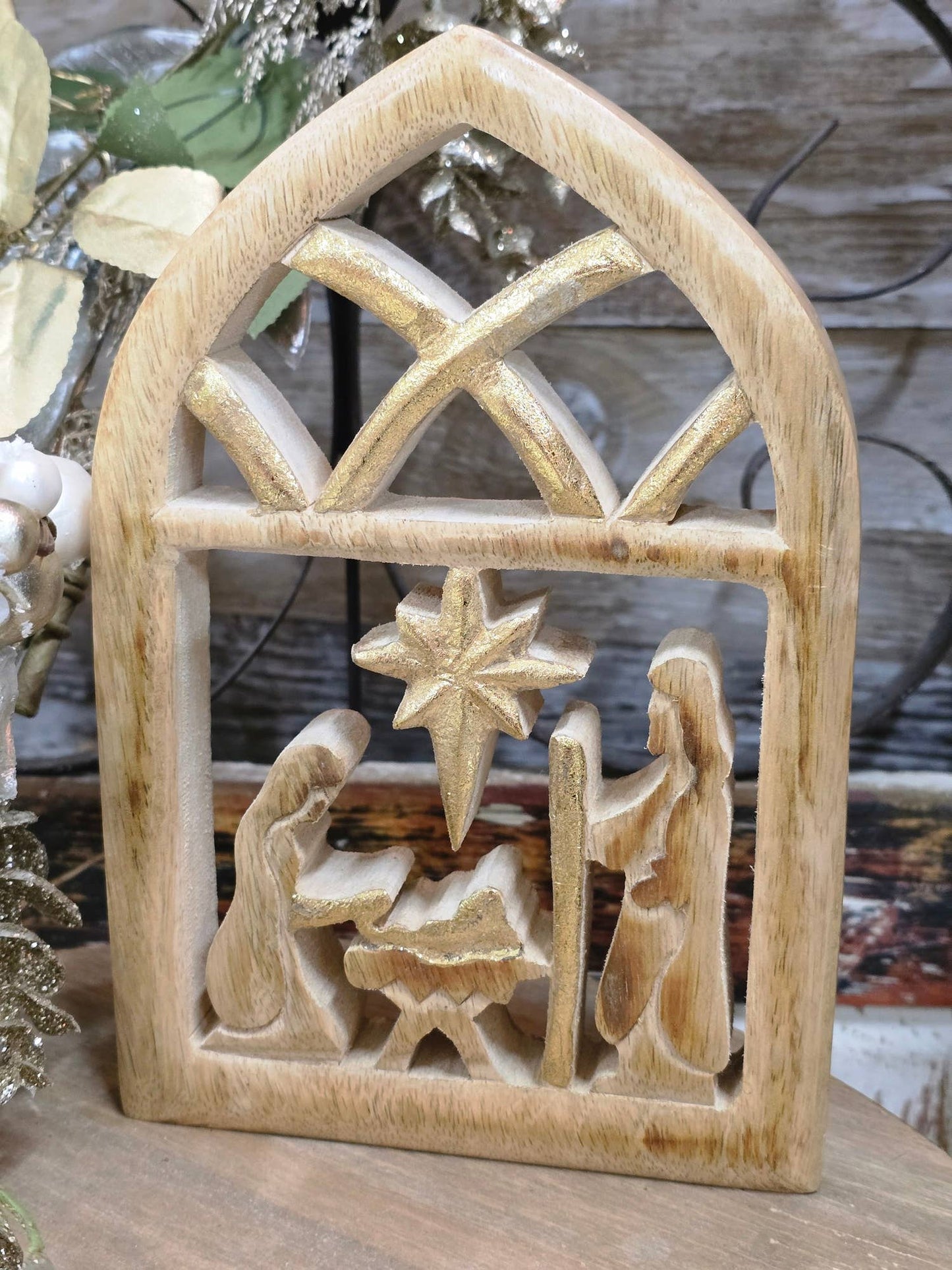 Wooden Nativity Scene Stable 9" x 6" WOoden with Gold Accent