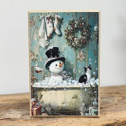 Snowman and Cat Bathtime Block Sign