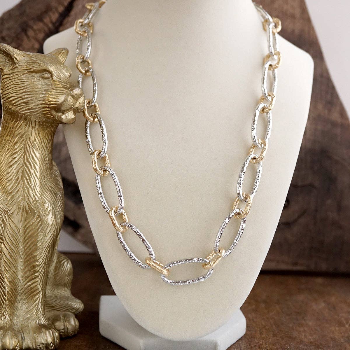 Elongated Textured Two Tone Chain Necklace