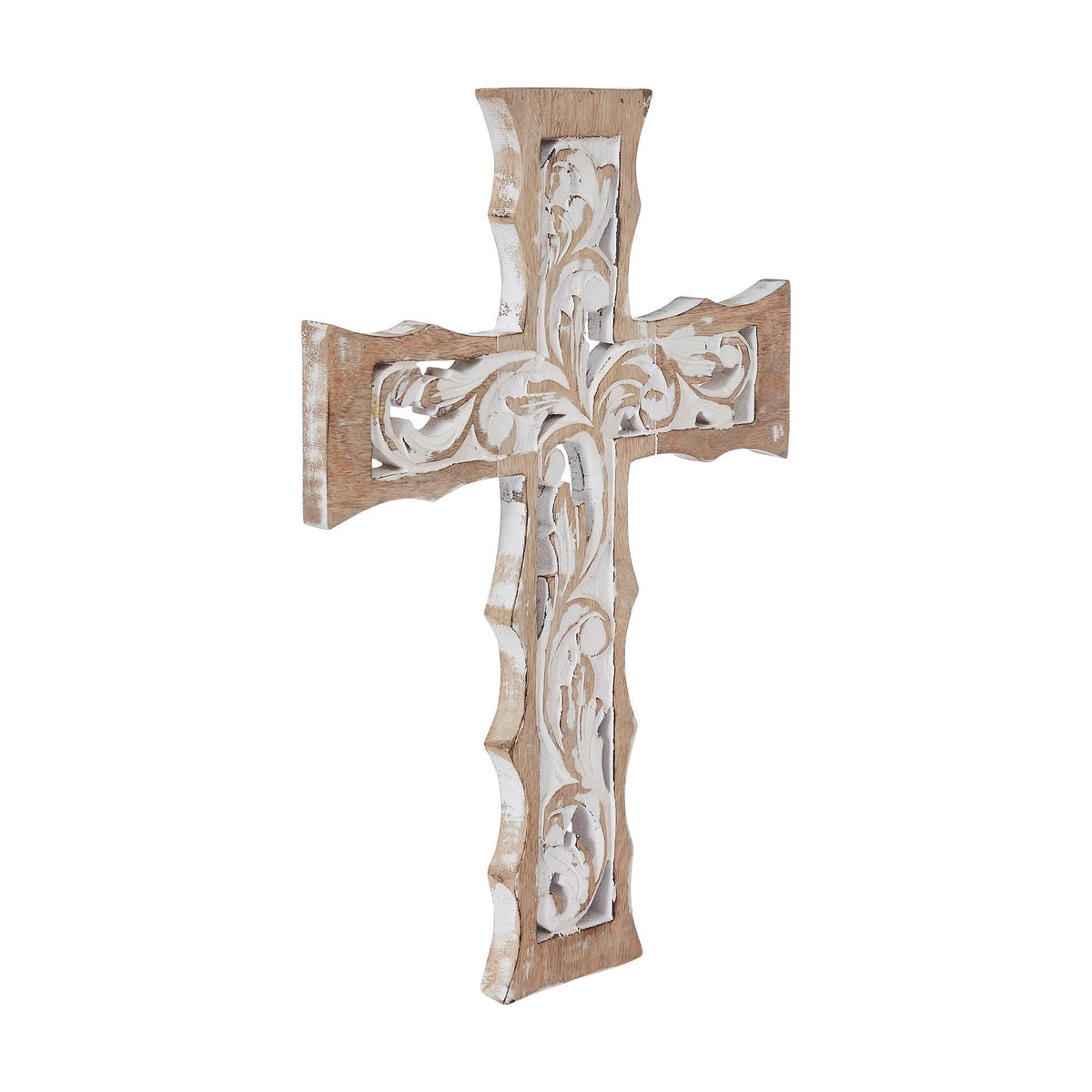 Distressed White Carved Wooden Cross Wall Decor 18" X 12"