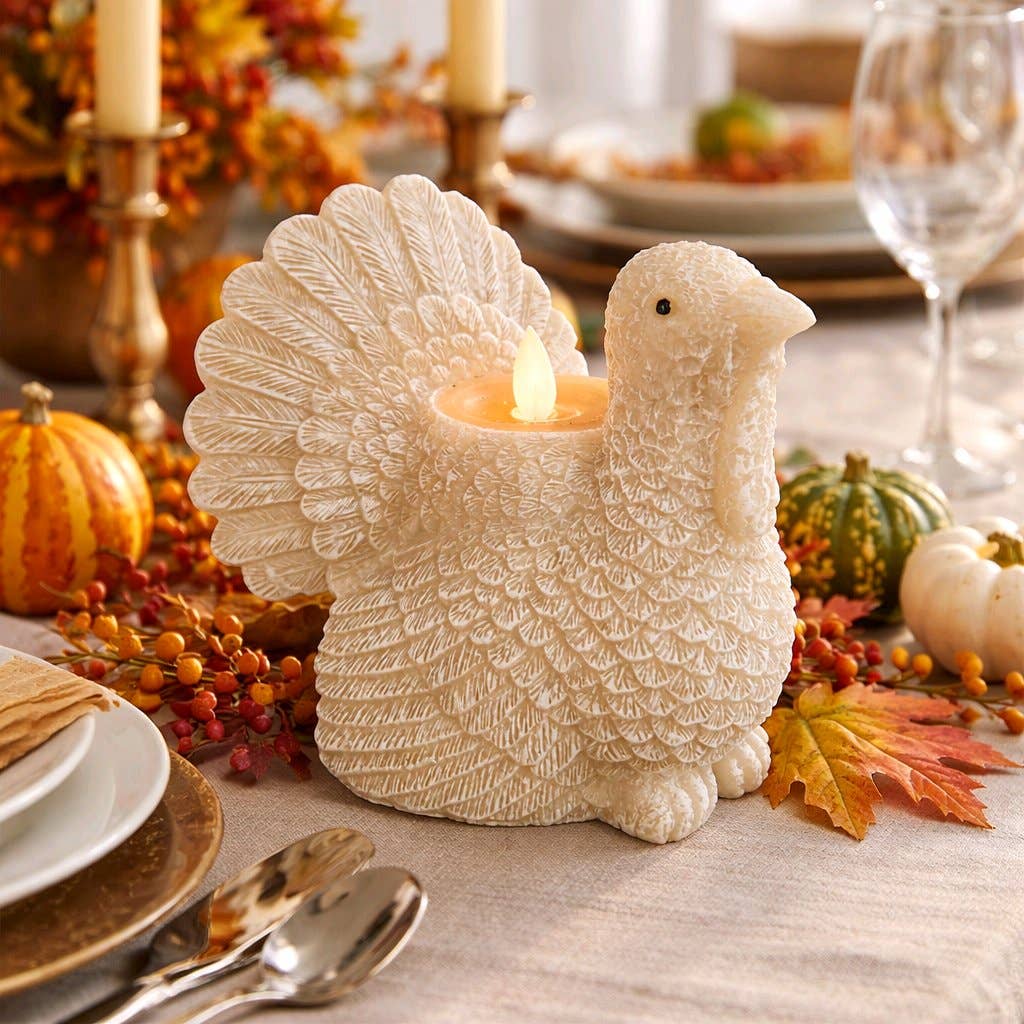 Turkey Shaped Moving Flame LED Candle Thanksgiving Harvest Decor 5.2 x 5 x 5in