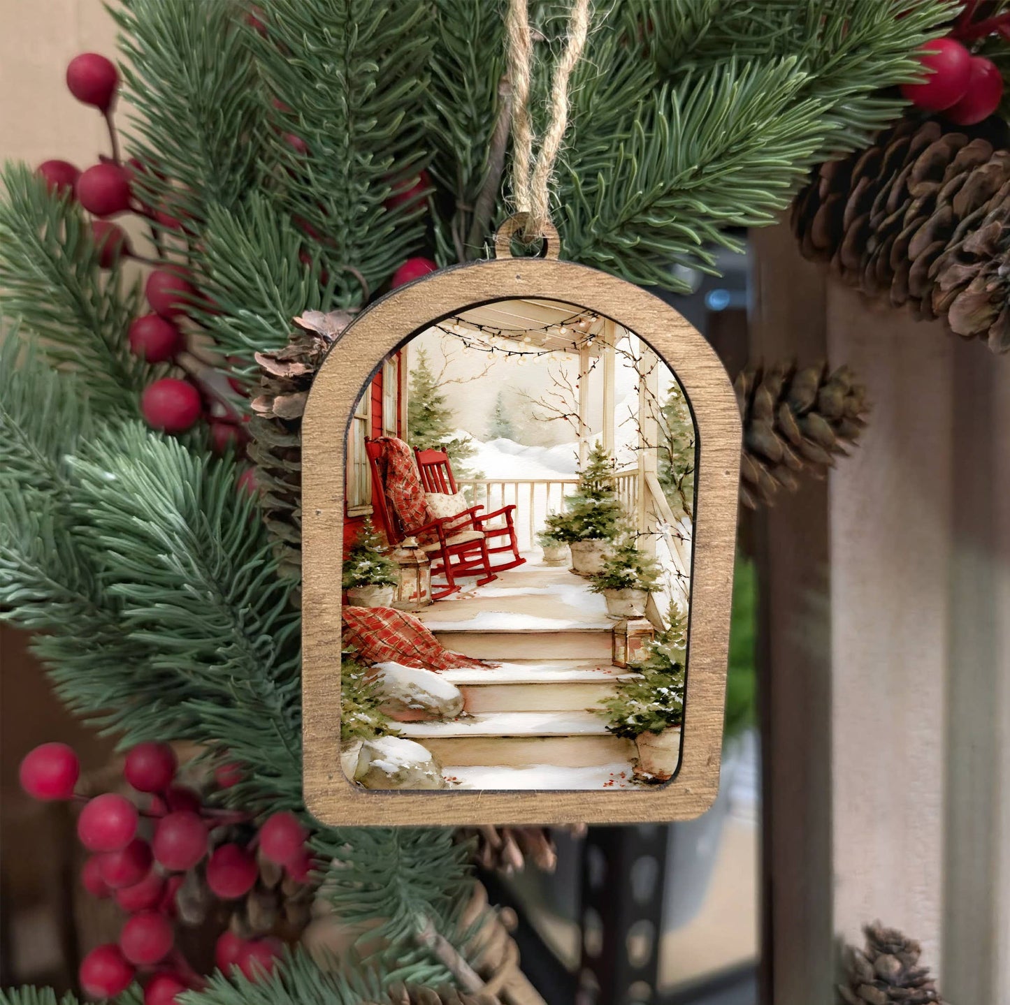 Framed Arch Ornament Cozy Christmas Porch