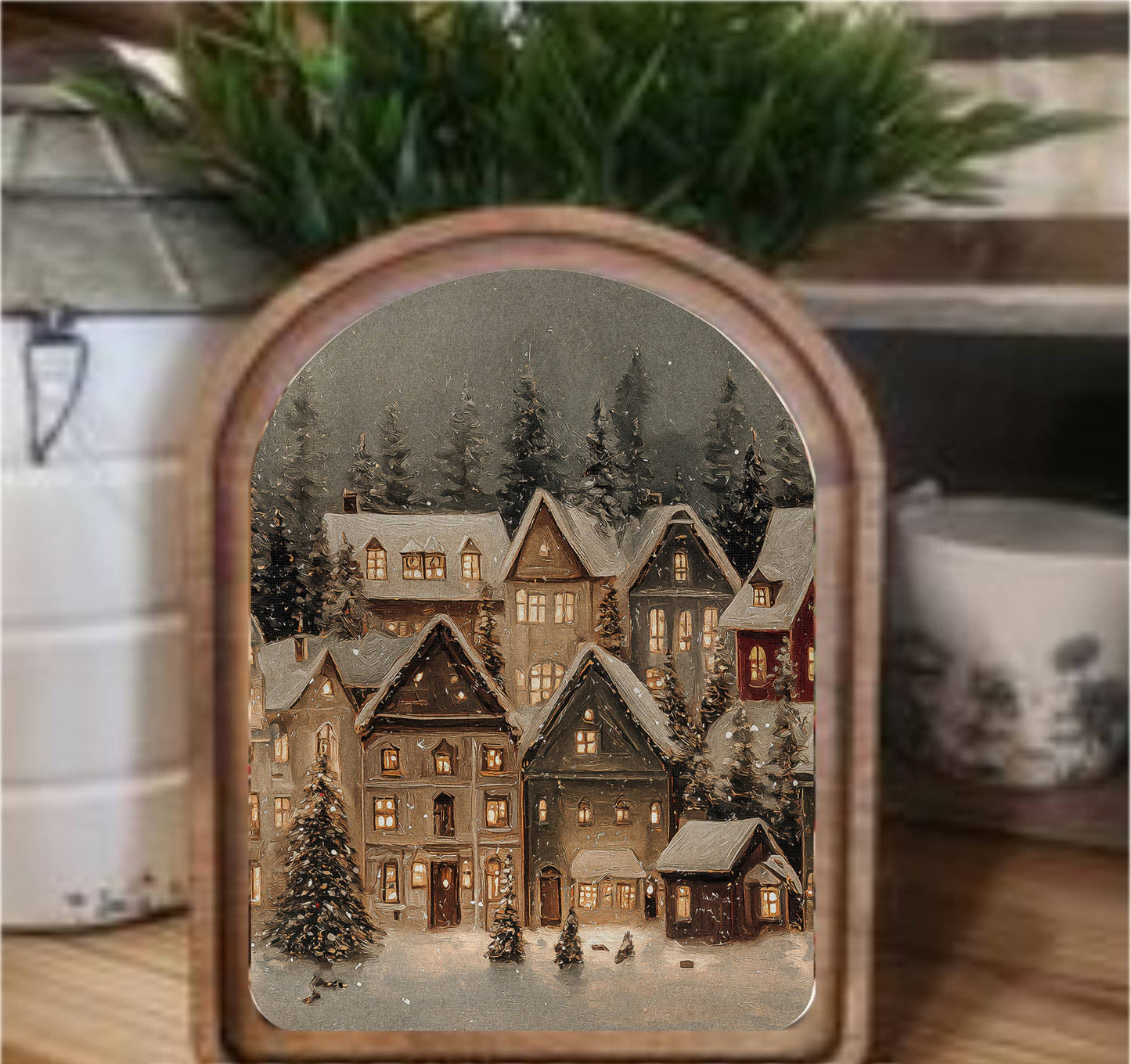 Snowy Christmas Village Framed Art - Arch Top