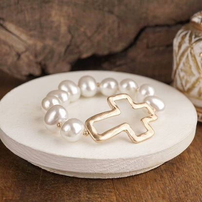 Chunky Pearl Cross Bracelet - Gold or Silver Tone