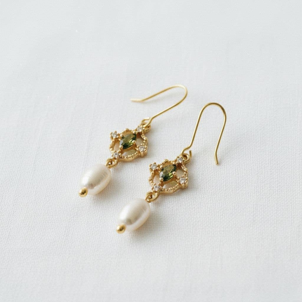 Green Gemstone and Pearl Drop Dangle Earrings