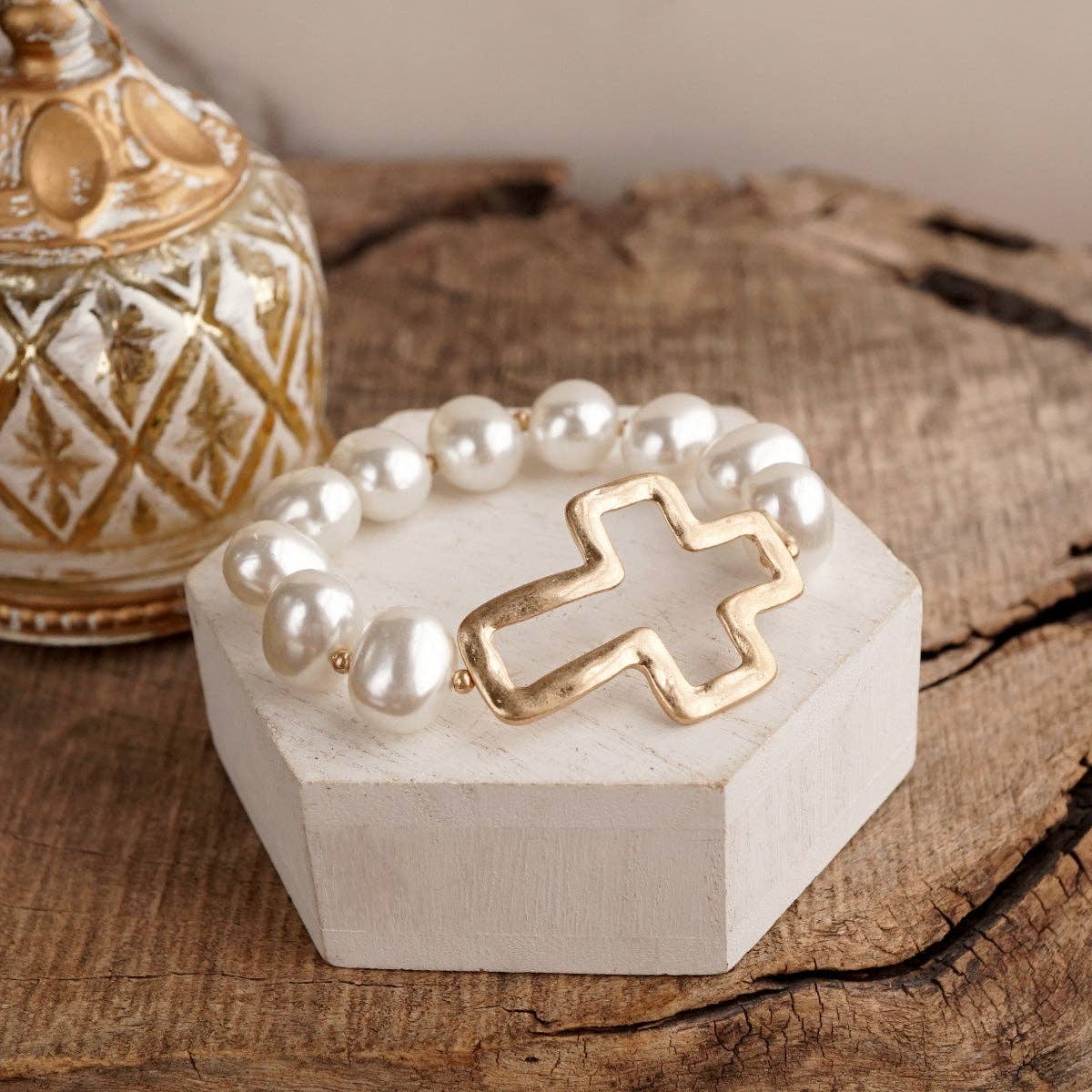 Chunky Pearl Cross Bracelet - Gold or Silver Tone