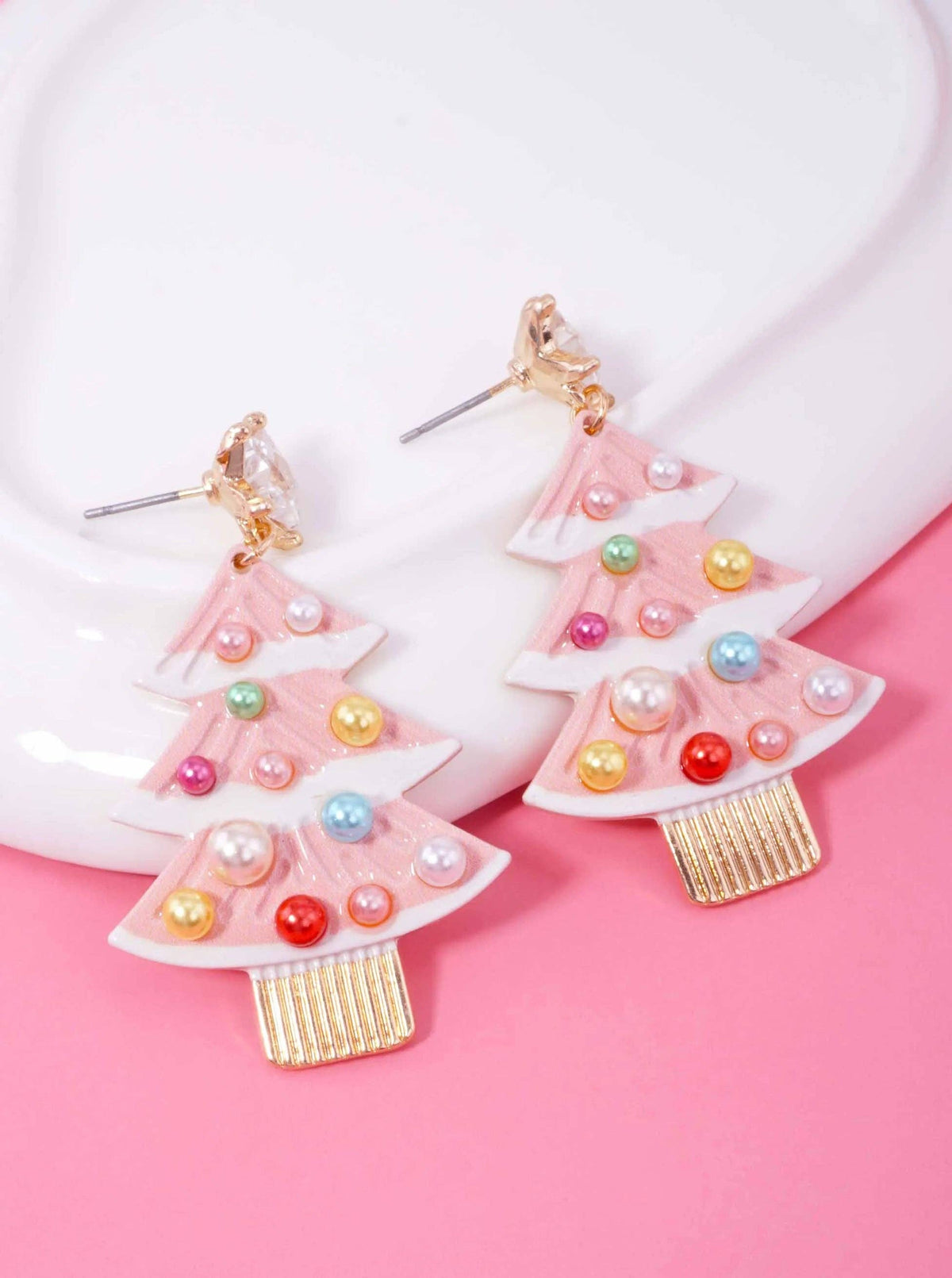 Pearl Enameled Christmas Tree Post Drop Earrings - Color Options