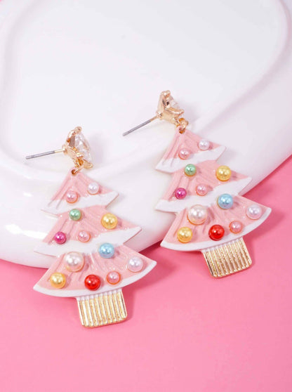 Pearl Enameled Christmas Tree Post Drop Earrings - Color Options