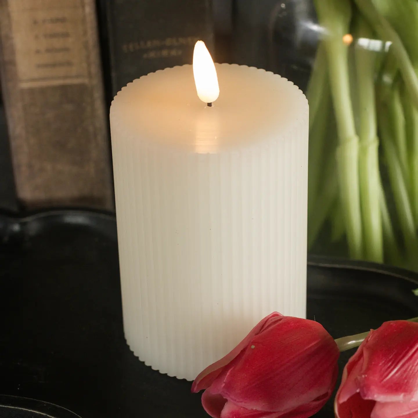 Cream Grooved 3D Flame LED Candle - 3 Sizes