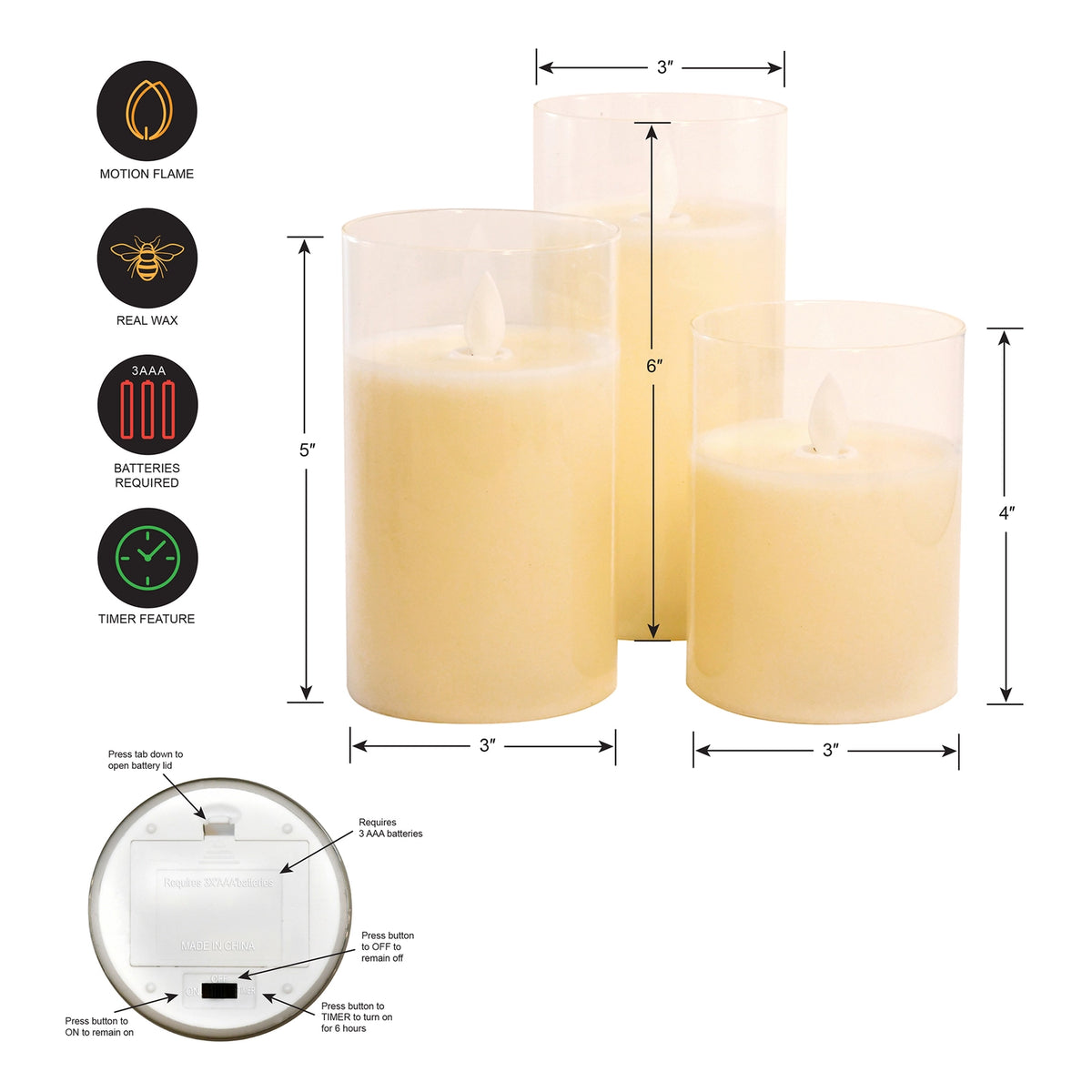 Glass LED Pillar Candles with Timer - Battery Operated 3 Sizes