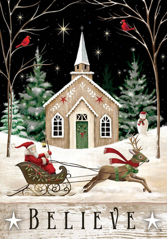 Church and Sleigh Christmas Garden Flag 12" x 18"