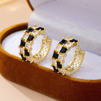 Checker Black & Crystal Hoop Earrings