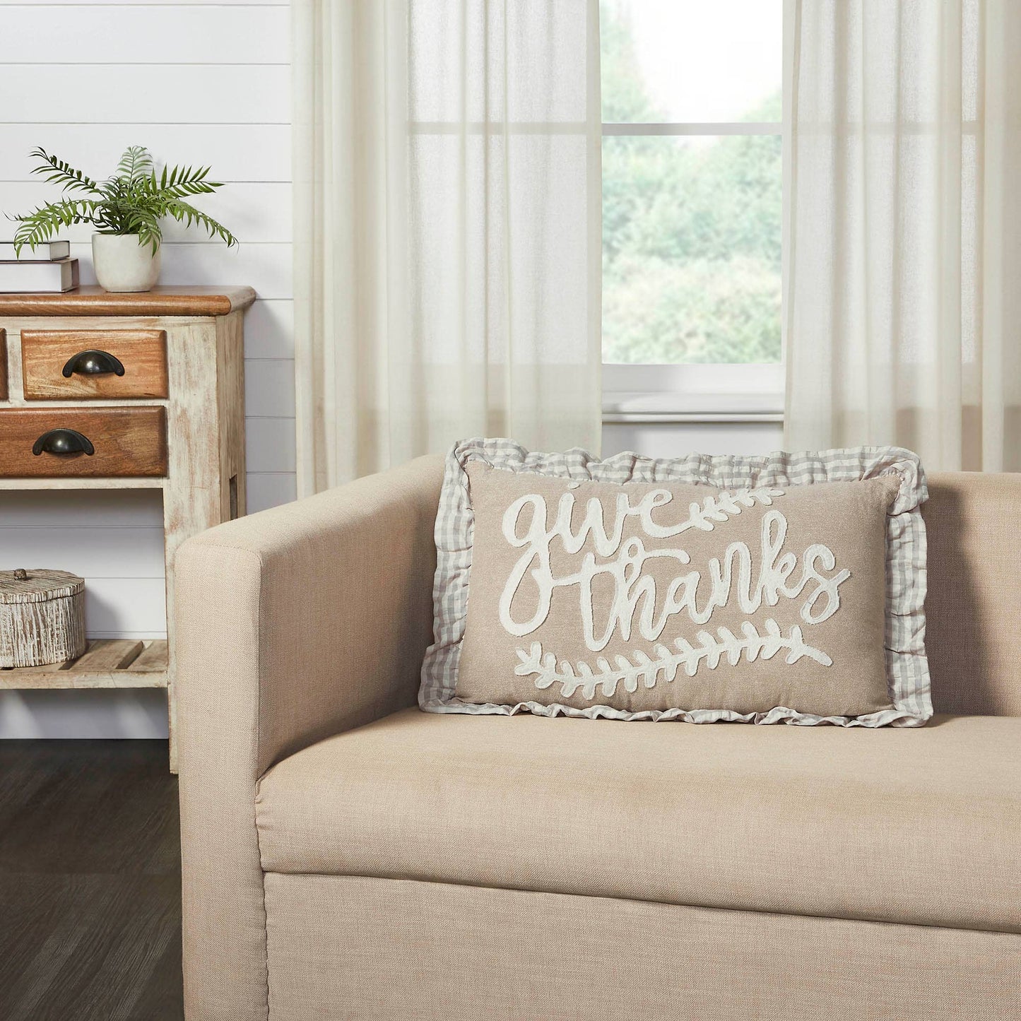 Give Thanks Gingham Ruffled Applique Throw Pillow - 22" x 14"