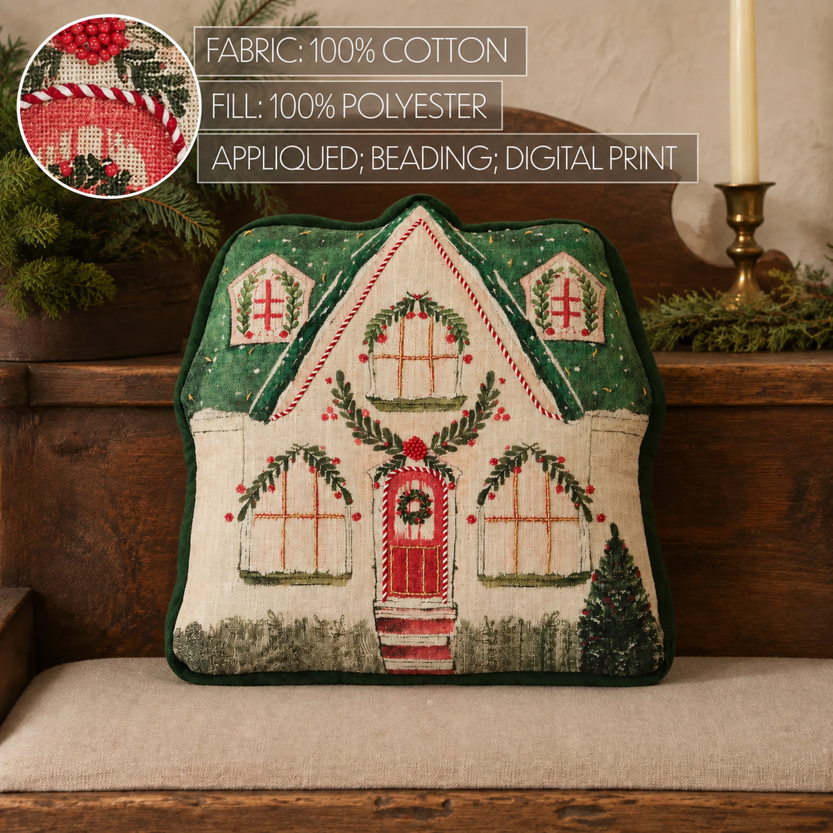 Christmas Cottage Shaped Throw Pillow - 14" x 14"