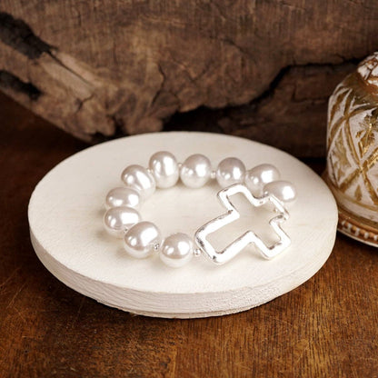 Chunky Pearl Cross Bracelet - Gold or Silver Tone