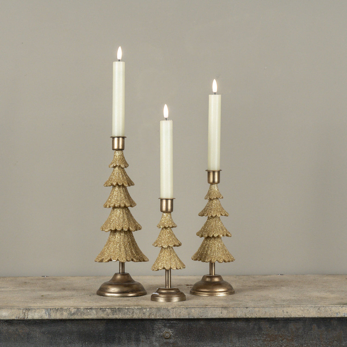 Gold Christmas Tree Taper Candle Holder - 3 Sizes Holds one inch taper