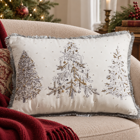 White, Silver & Gold Christmas Tree Embroidered Beaded Throw Pillow
