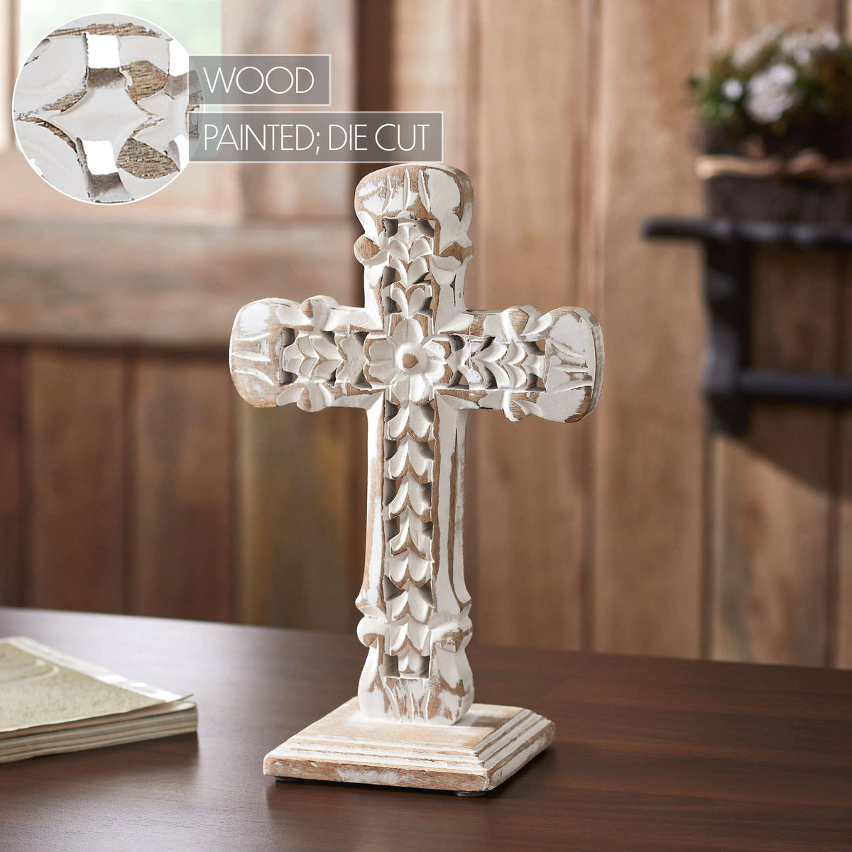 Natural Distressed White Wooden Cross w/ Rosette