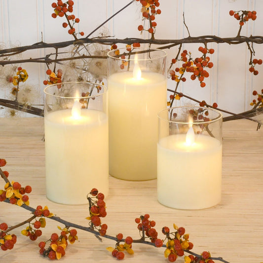 Glass LED Pillar Candles with Timer - Battery Operated 3 Sizes