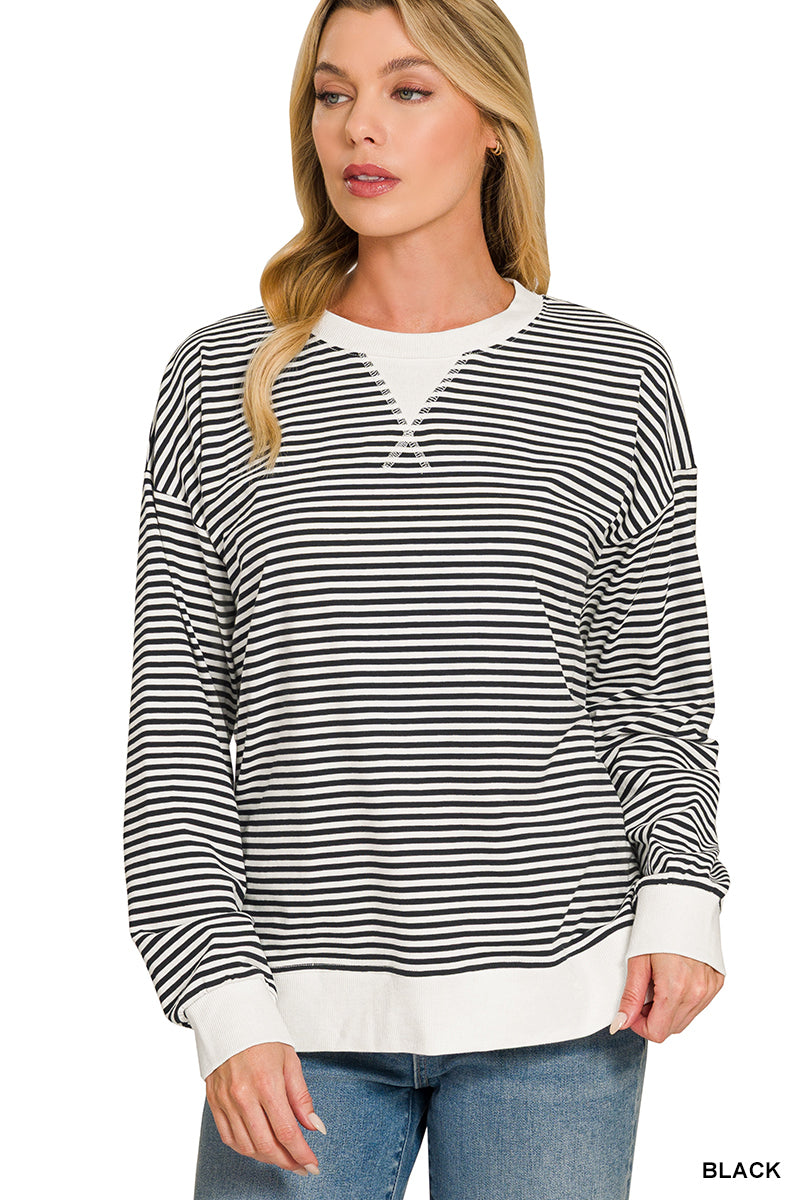 Striped Ribbed Trim Pullover Top - Color Options