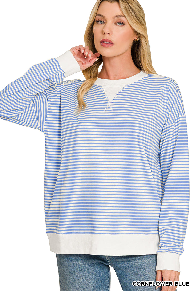 Striped Ribbed Trim Pullover Top - Color Options