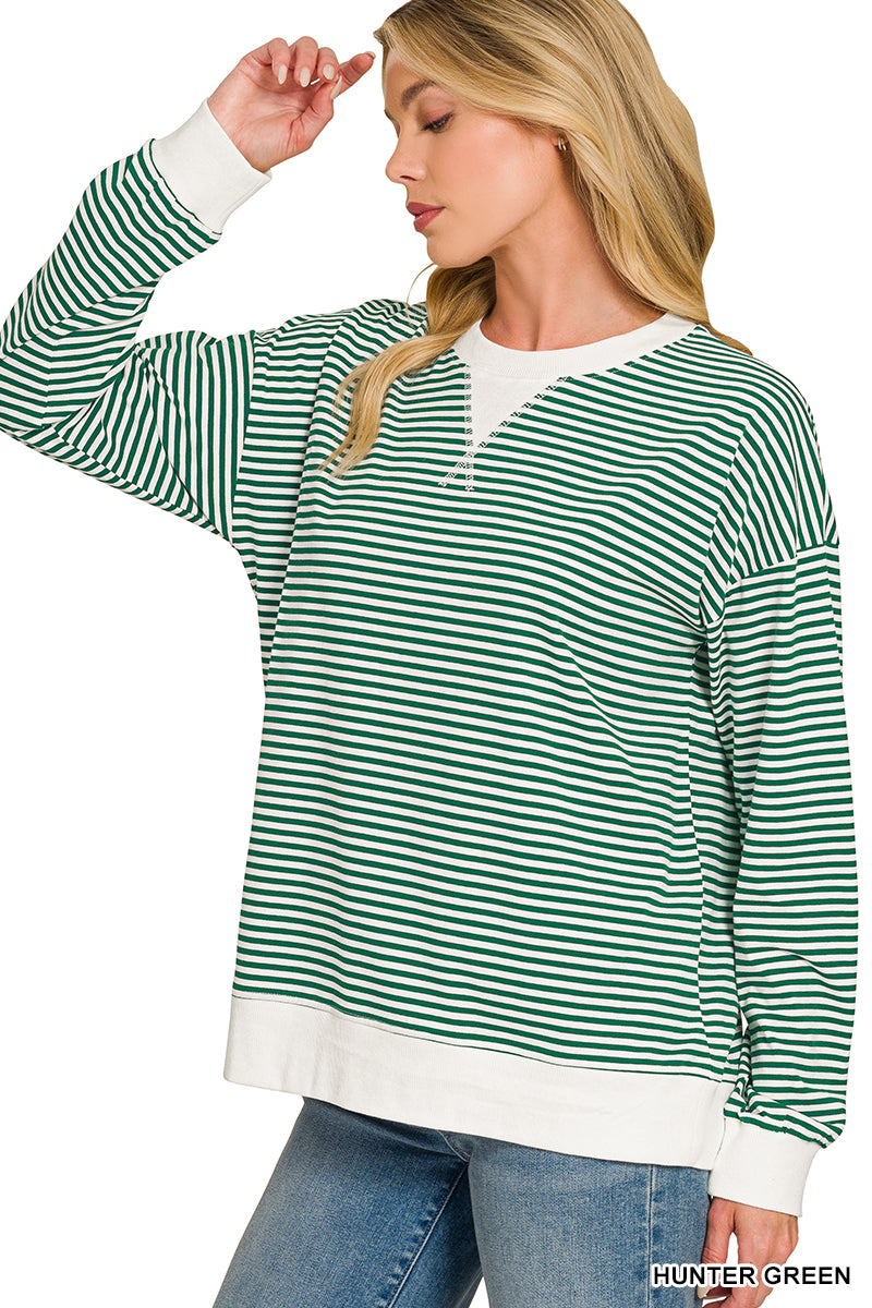 Striped Ribbed Trim Pullover Top - Color Options
