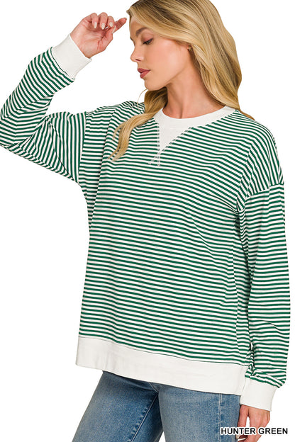 Striped Ribbed Trim Pullover Top - Color Options